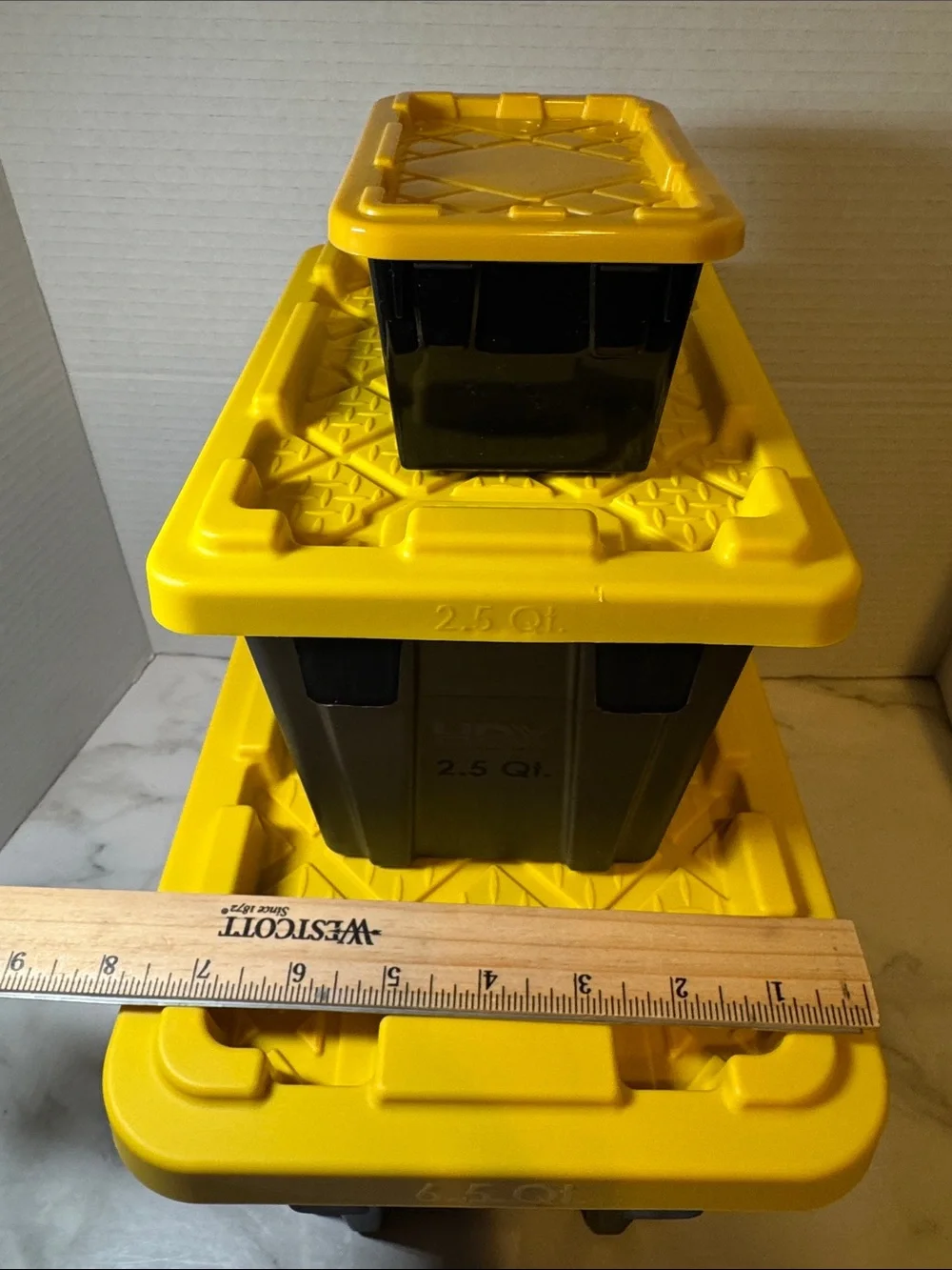 3 Black Storage Bins with Yellow Lid - Durable Stackable Organizer- New